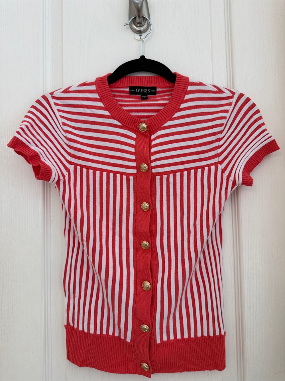 Guess Red & White Striped Short-Sleeve Button-Front Top